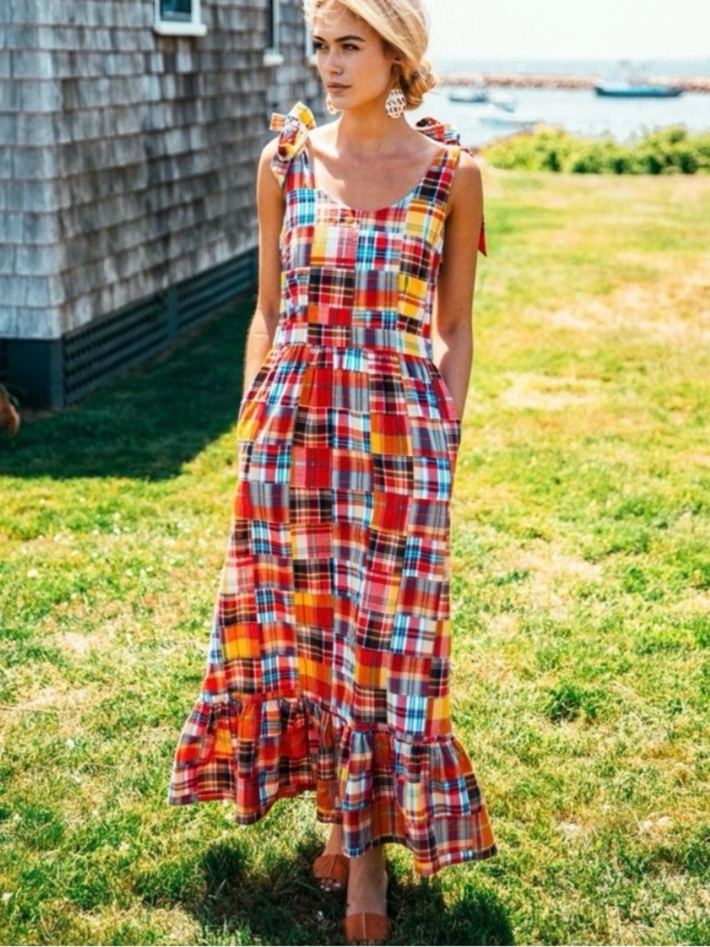 James Kiel Patrick KJP Madras Tie Shoulder Maxi Dress Orange/Red 8